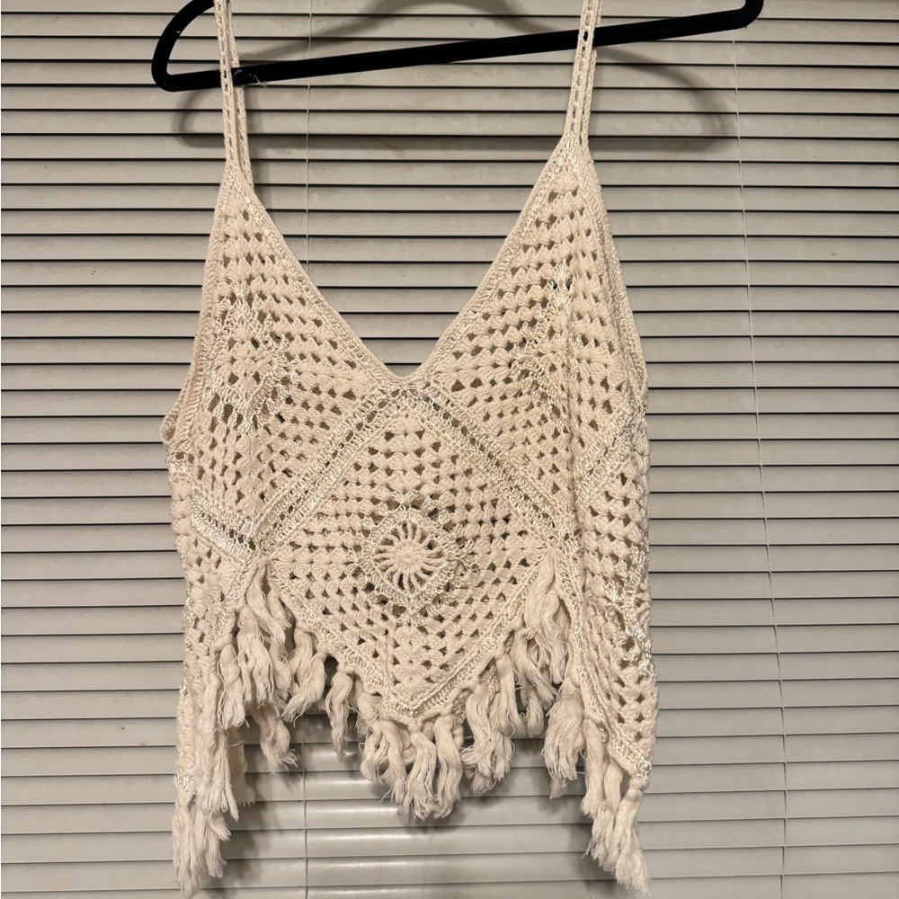 Cream Crochet Fringe Top